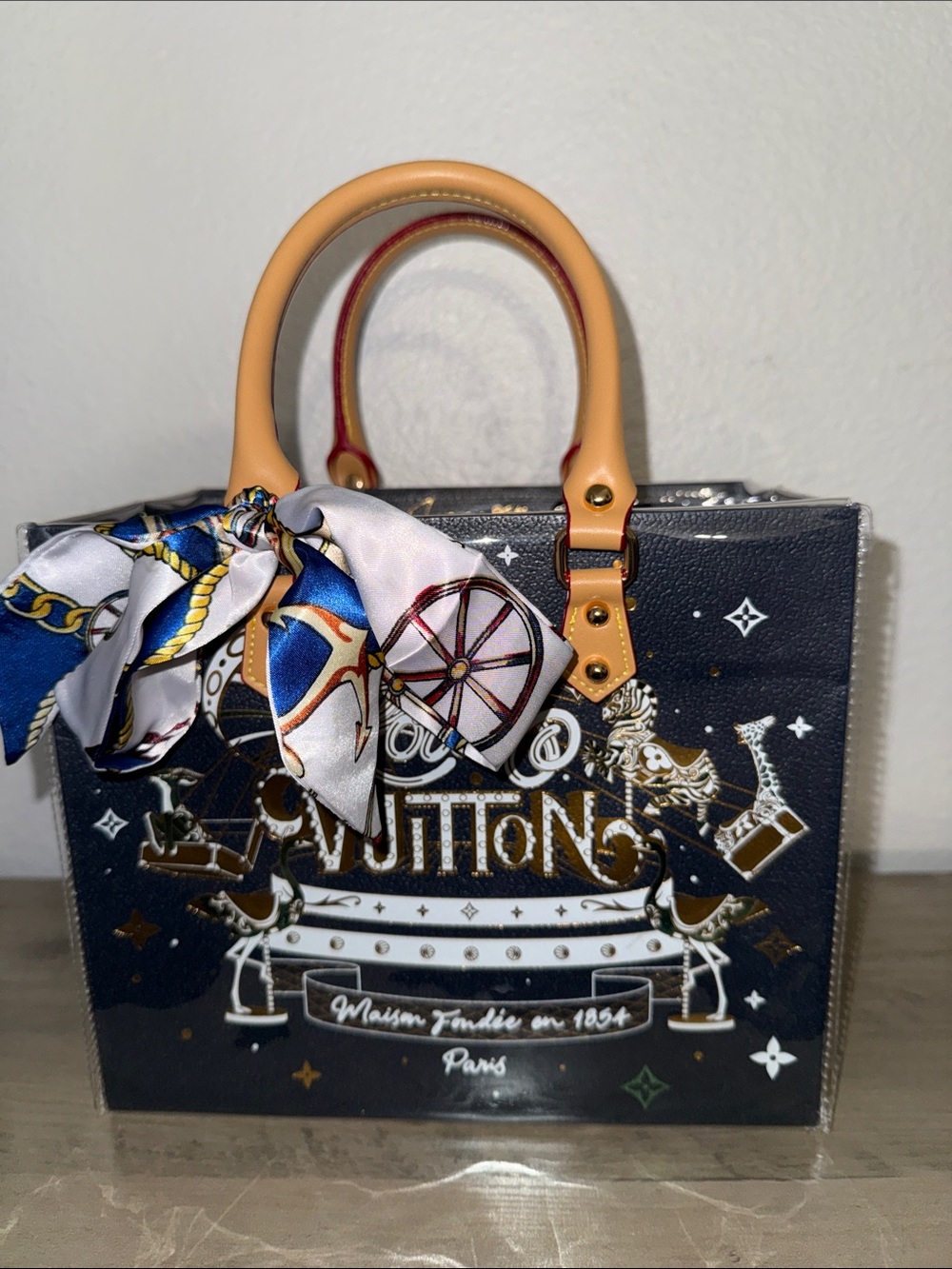 Louis Vuitton Navy Blue Canvas Tote with Tan Handles and Multicolor Scarf